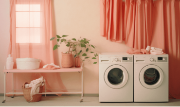 Stylish laundry room with commercial tumble dryers.