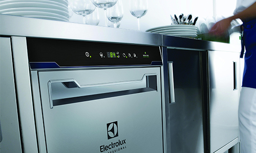 This image highlights an Electrolux Professional dishwasher, demonstrating modern design and efficiency for commercial kitchen needs.