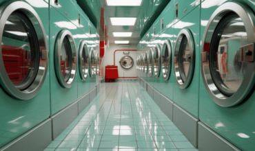 Commercial Tumble Dryers and Automatic Ironing Machines in a Modern Laundry Facility