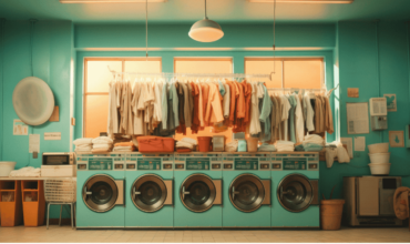 Colorful Commercial Tumble Dryer with Electrolux washing machines lined up under a rack of drying clothes, in a vibrant teal interior.