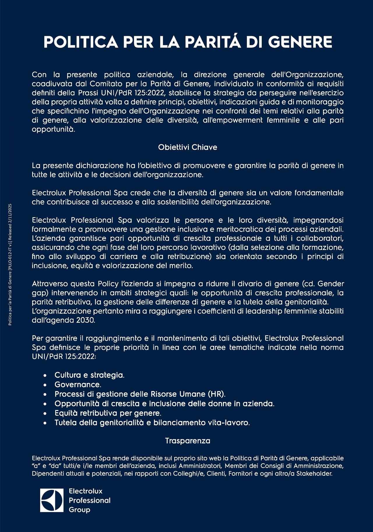 Politica per la Parità di Genere Electrolux Professional